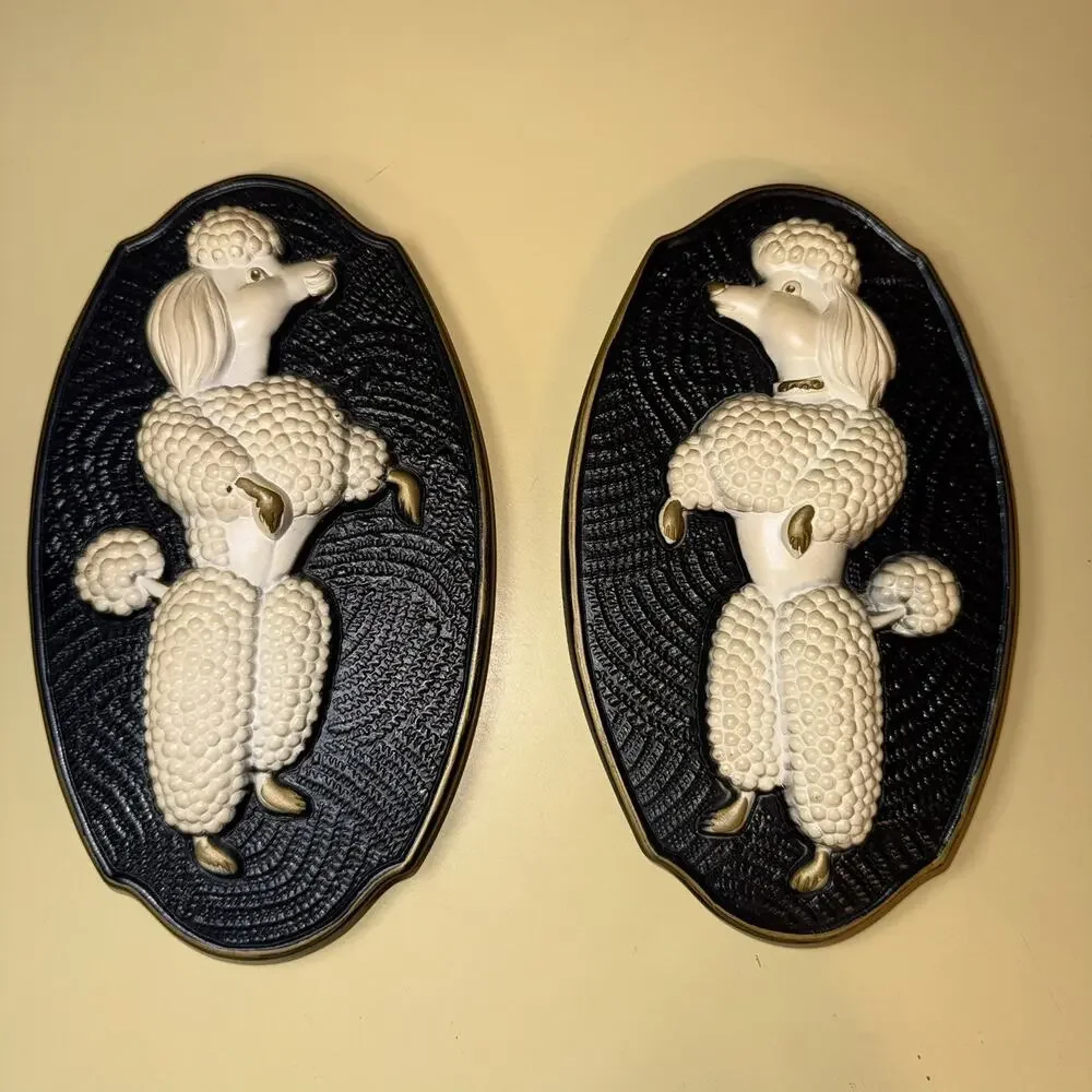 Vintage 1969 Miller Studios Standing French White Poodle Dog Plaque Pair Great!